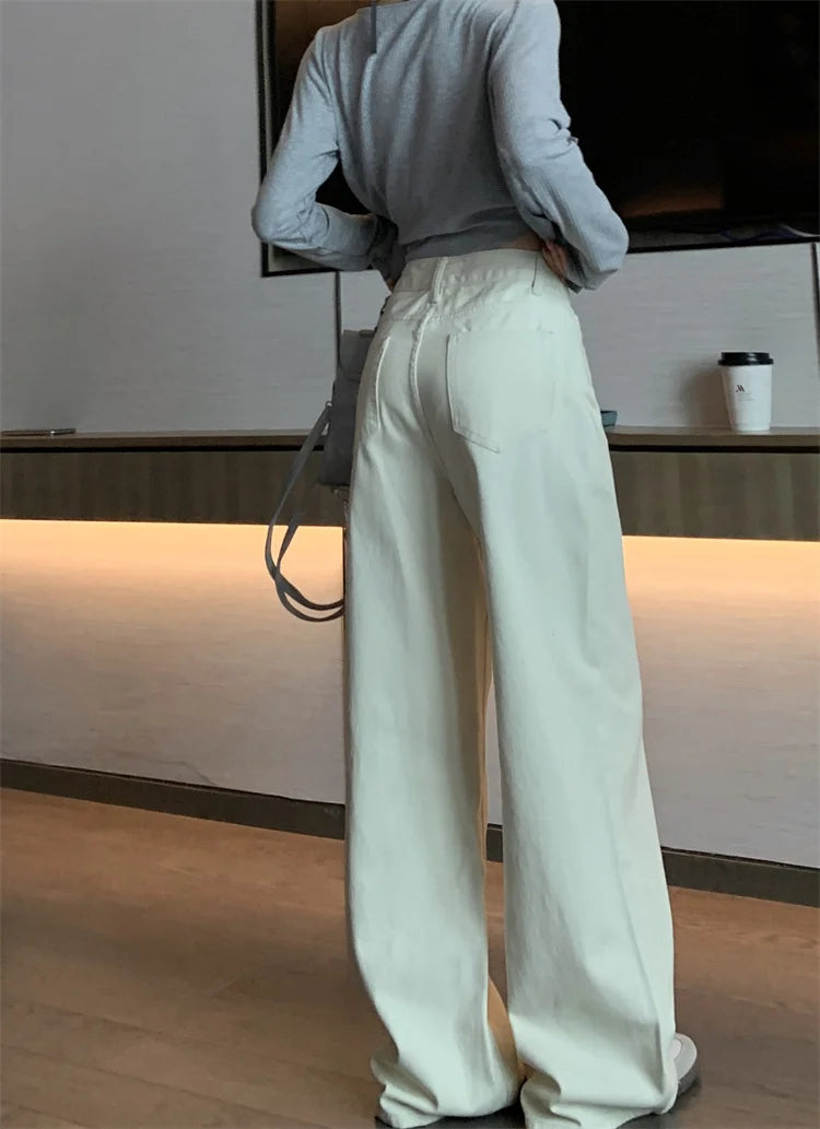 Jeans de verano para mujer - Pantalones vaqueros de pierna ancha color crema |