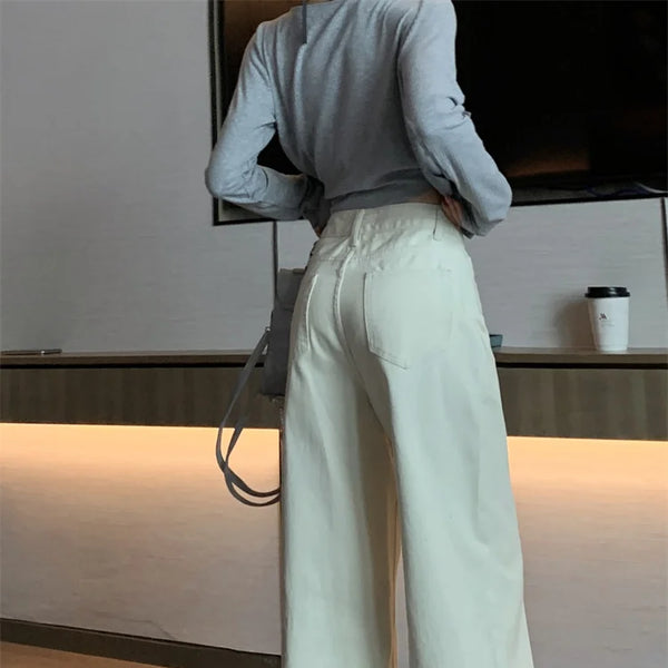 Jeans de verano para mujer - Pantalones vaqueros de pierna ancha color crema |