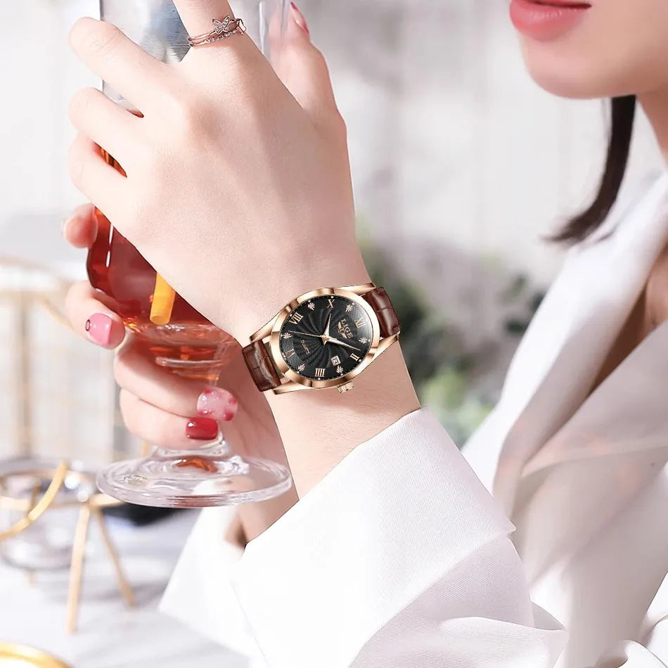 Reloj LIGE para Mujer, reloj de cuero de moda resistentes al agua para Mujer, Reloj de pulsera de lujo de marca