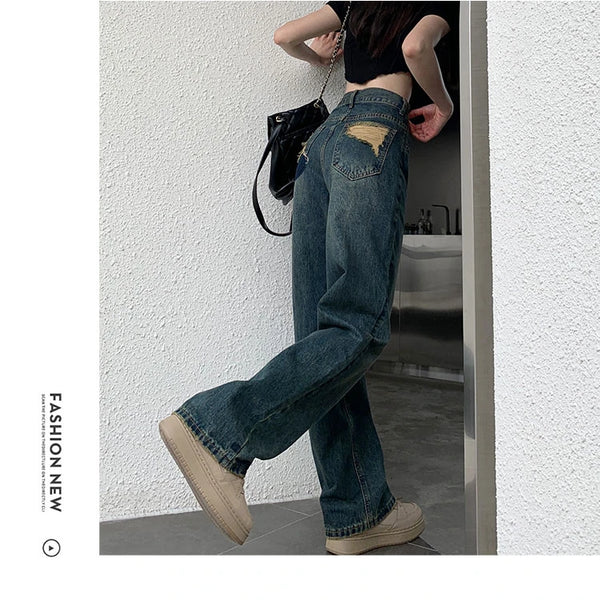 Pantalones vaqueros de pierna ancha para mujer, pantalón de pierna recta contrastante de cintura alta, pantalones sueltos de otoño para mujer, ropa de calle