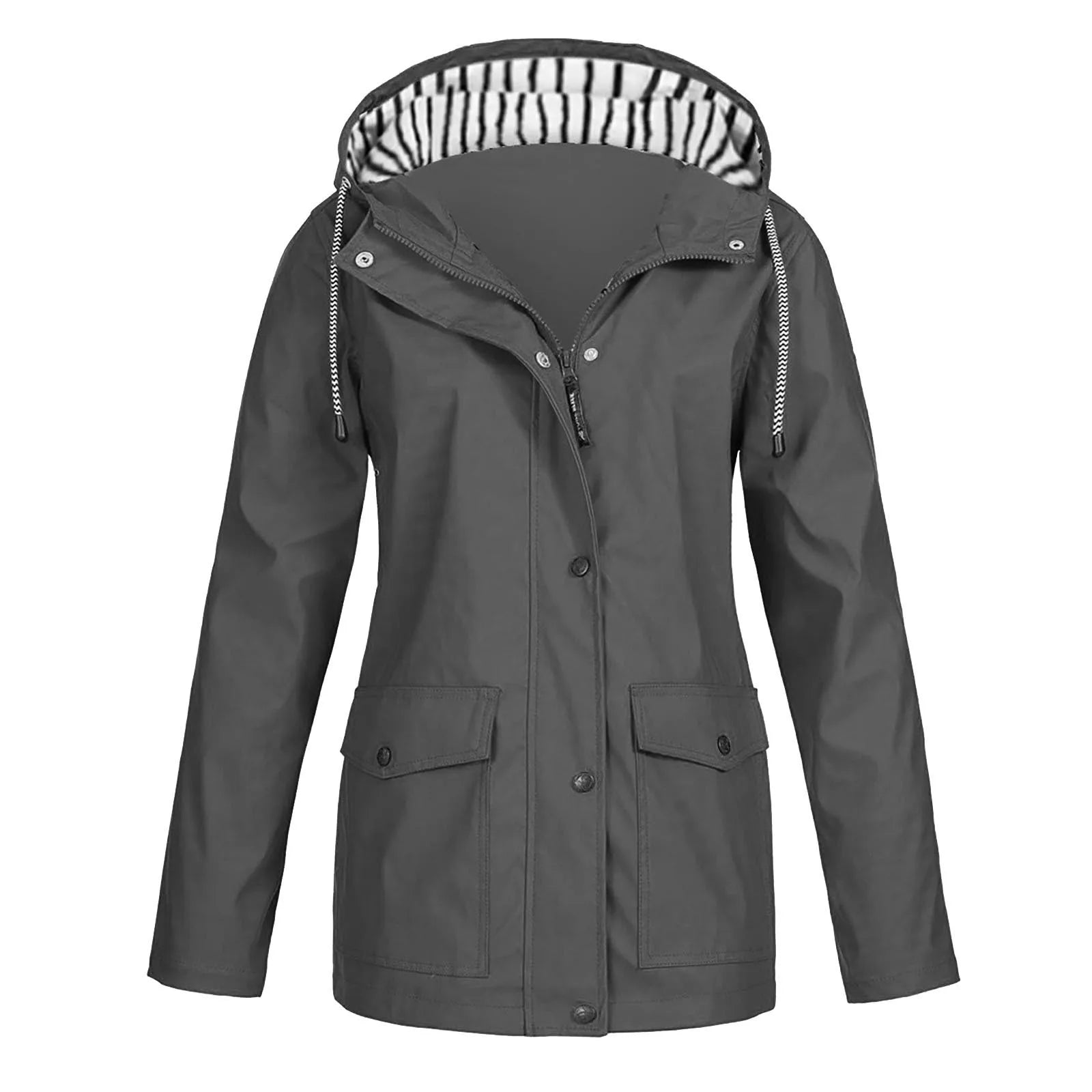 Chaqueta impermeable para mujer, gabardinas largas con capucha, cortavientos forrado, chaqueta de viaje, chaqueta de lluvia a rayas sólidas para exteriores