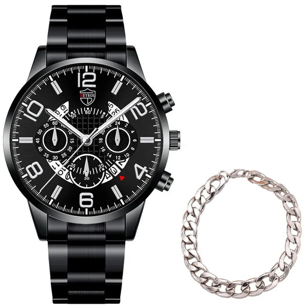 Conjunto de relojes de pulsera para hombre, 2 uds., deportivo de lujo, de cuarzo, de acero inoxidable y plateado, informal, de negocios