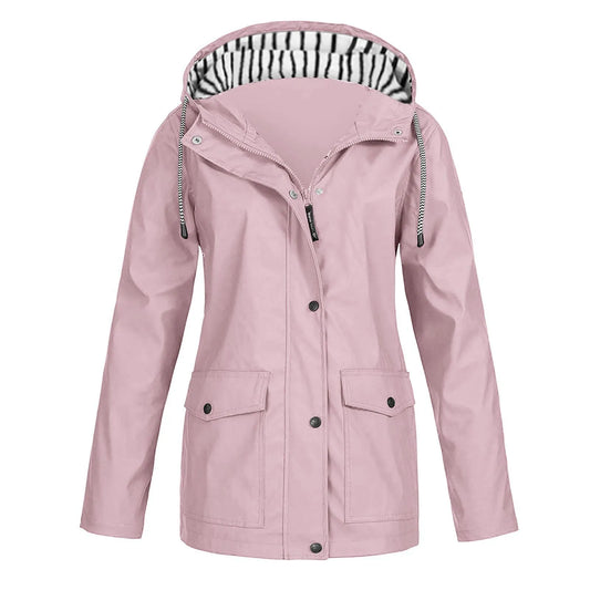 Chaqueta impermeable para mujer, gabardinas largas con capucha, cortavientos forrado, chaqueta de viaje, chaqueta de lluvia a rayas sólidas para exteriores