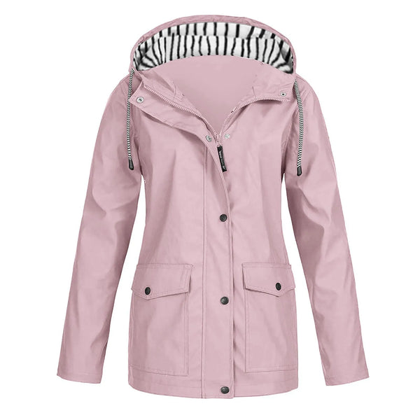 Chaqueta impermeable para mujer, gabardinas largas con capucha, cortavientos forrado, chaqueta de viaje, chaqueta de lluvia a rayas sólidas para exteriores
