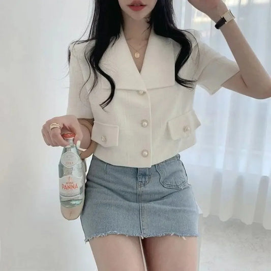 Chaqueta corta de estilo de fragancia para mujer, abrigo informal holgado de manga corta de fibra de poliéster, versión coreana, novedad de verano