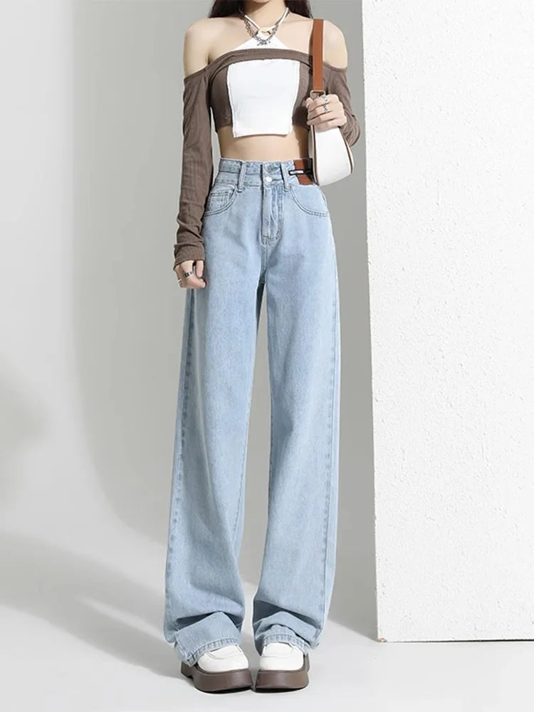 Pantalones vaqueros holgados Vintage para mujer, pantalon a la moda lisos de cintura alta