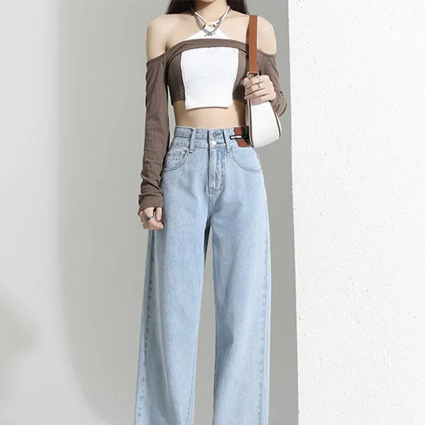 Pantalones vaqueros holgados Vintage para mujer, pantalon a la moda lisos de cintura alta