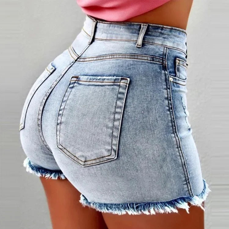Shorts con decoración elegante para Mujer, Pantalones cortos vaqueros, Vaqueros ajustados de cintura alta con bolsillos y cremallera, borla azul, ropa de calle ligera elástica, ceñido Sexy 2025