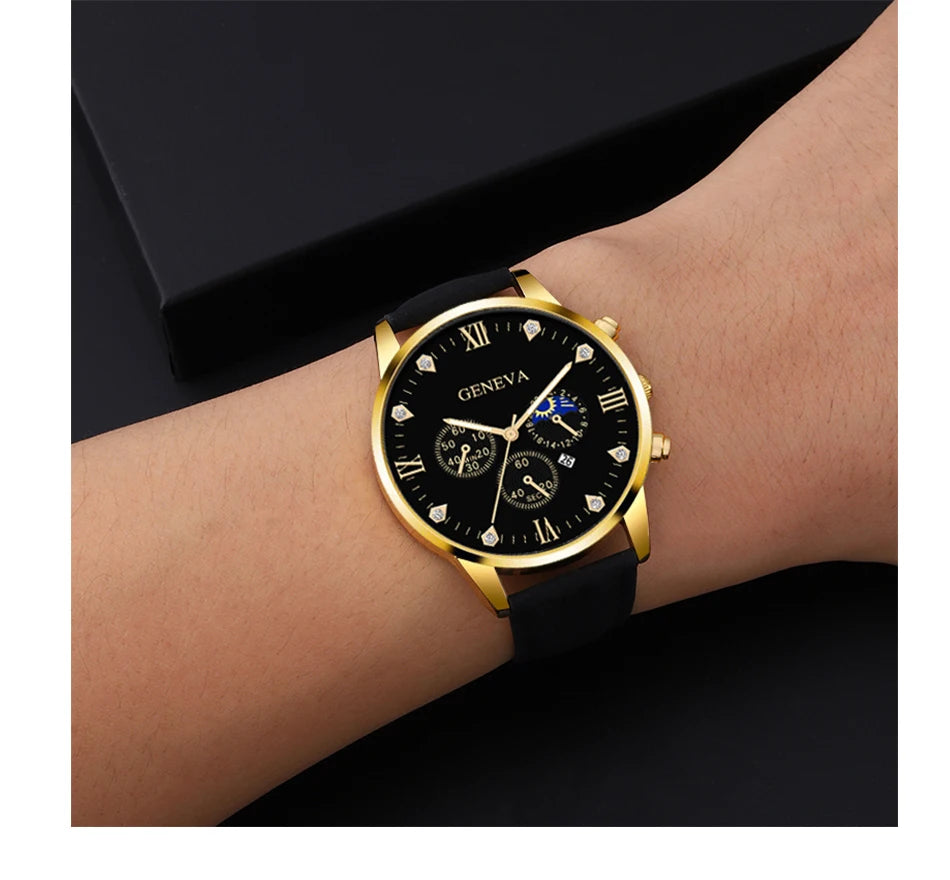 Reloj de pulsera de cuarzo para hombre, conjunto de 2 piezas, con puntero redondo y calendario