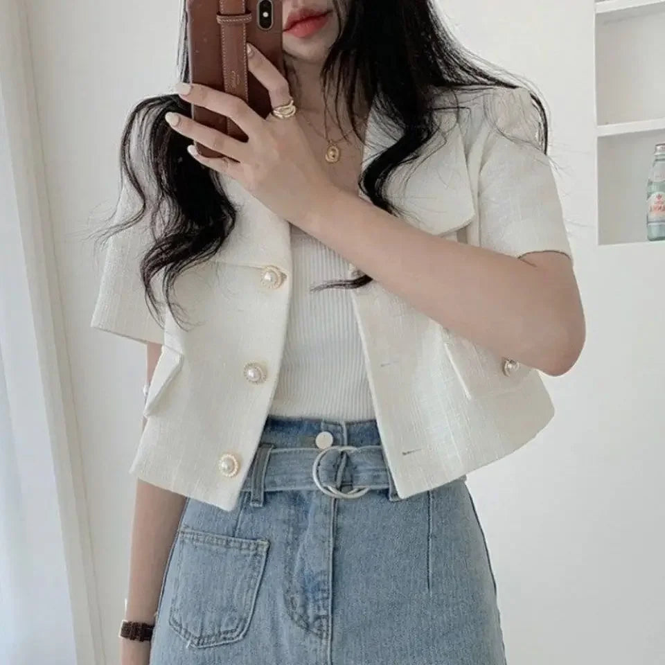 Chaqueta corta de estilo de fragancia para mujer, abrigo informal holgado de manga corta de fibra de poliéster, versión coreana, novedad de verano