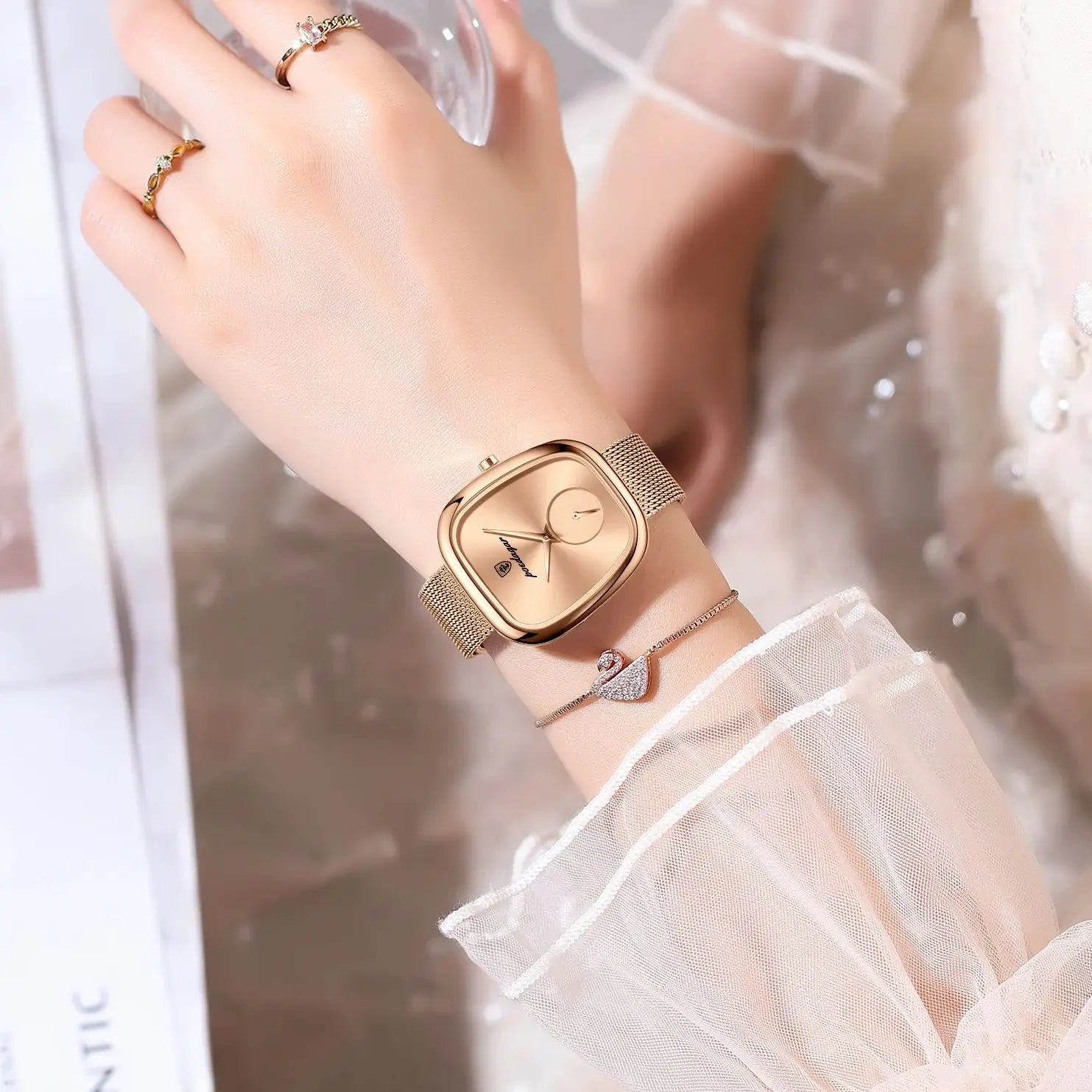 POEDAGAR, Reloj elegante de lujo a la moda para mujer, Reloj resistente al agua para mujer, relojes de cuarzo de acero inoxidable de malla para mujer, Reloj femenino