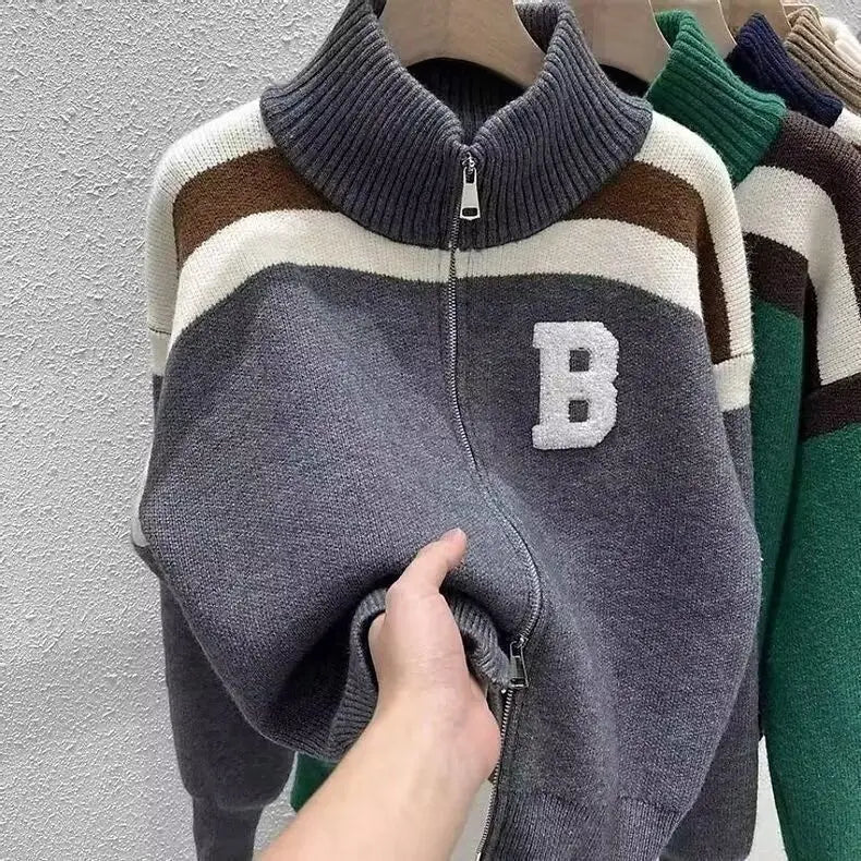 Cárdigan tejido con cuello de media altura y cremallera, suéter de retazos con letras, abrigo para hombre y mujer, Tops de moda de nueva tendencia para Otoño e Invierno