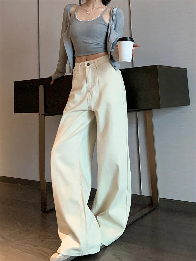 Jeans de verano para mujer - Pantalones vaqueros de pierna ancha color crema |
