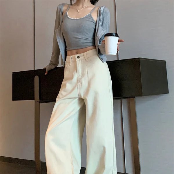 Jeans de verano para mujer - Pantalones vaqueros de pierna ancha color crema |