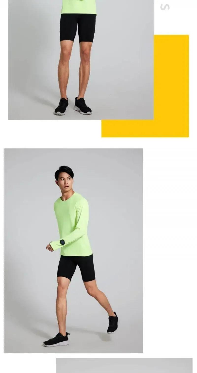 Camiseta para correr maratón para hombre, camiseta de manga larga Anti-UV de secado rápido para entrenamiento, traje de entrenamiento físico con agujero para el pulgar, puño antiestático