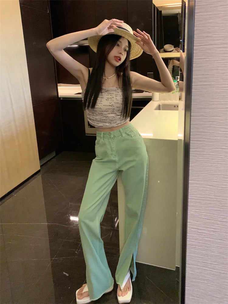 Pantalon Jean de tendencia para mujer, Pantalones vaqueros rasgados con hendidura casuales sueltos de pierna recta de cintura alta