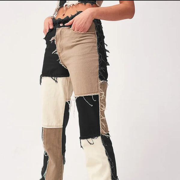 Pantalon jean de retazos de colores variados para mujer, vaqueros rectos de alta elasticidad a la moda, pantalones Hipster de calle