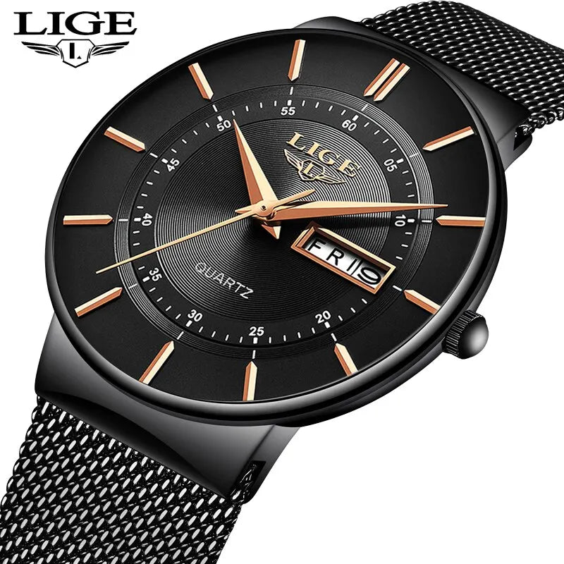 Reloj de lujo para hombre, reloj de fecha ultrafino resistente al agua, correa de acero, reloj de cuarzo informal