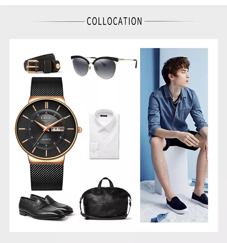 Reloj de lujo para hombre, reloj de fecha ultrafino resistente al agua, correa de acero, reloj de cuarzo informal