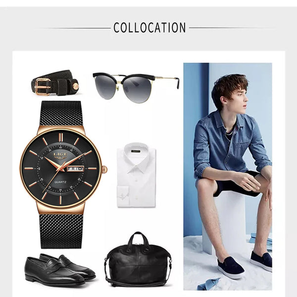 Reloj de lujo para hombre, reloj de fecha ultrafino resistente al agua, correa de acero, reloj de cuarzo informal