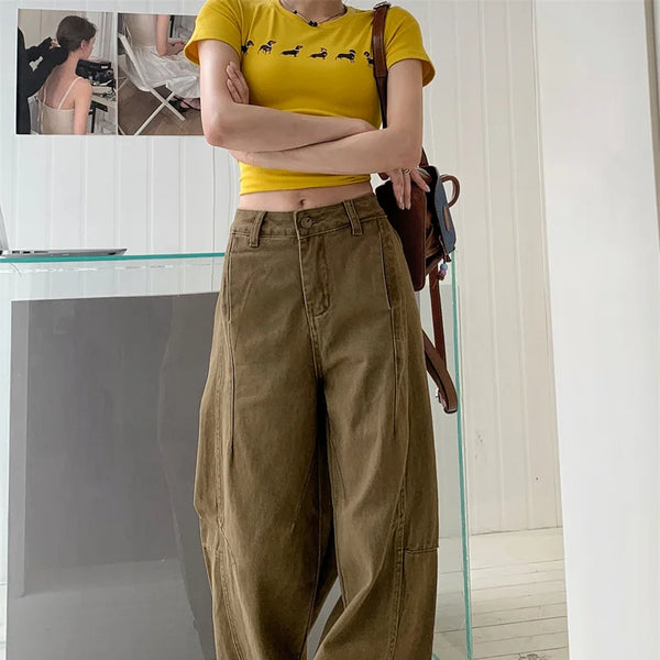 Pantalon vaquero de verano para mujer, pantalones vaqueros de color caqui de gran tamaño, pantalones drapeados de pierna ancha y cintura alta, estilo callejero americano