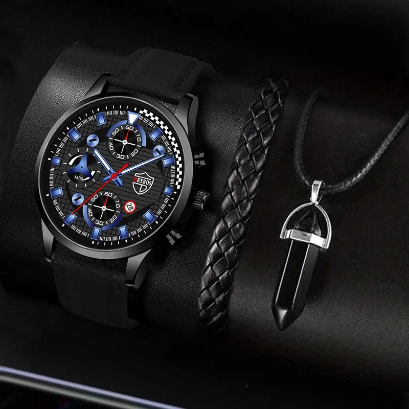 Conjunto de 3 piezas para hombre, reloj de pulsera de cuarzo, pulsera de cuero clásico, collar casual y divertido