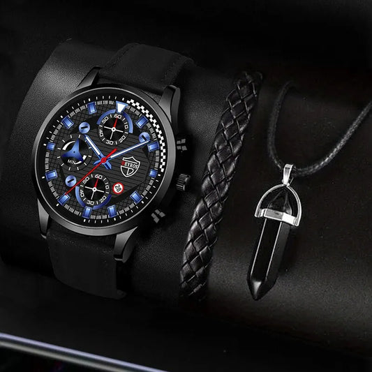 Conjunto de 3 piezas para hombre, reloj de pulsera de cuarzo, pulsera de cuero clásico, collar casual y divertido