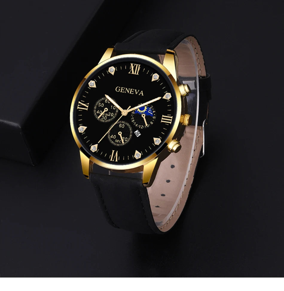 Reloj de pulsera de cuarzo para hombre, conjunto de 2 piezas, con puntero redondo y calendario