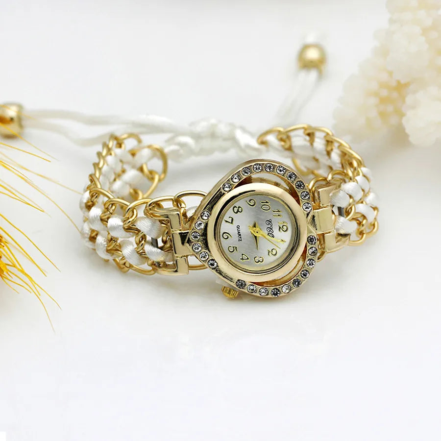 Reloj de Vestir para Mujer Loving Heart Gold Nuevo Reloj de Pulsera Tejido a Mano para Damas Color Reloj de Tela con Brillantes de Imitación Relucientes Reloj Dulce para Chicas