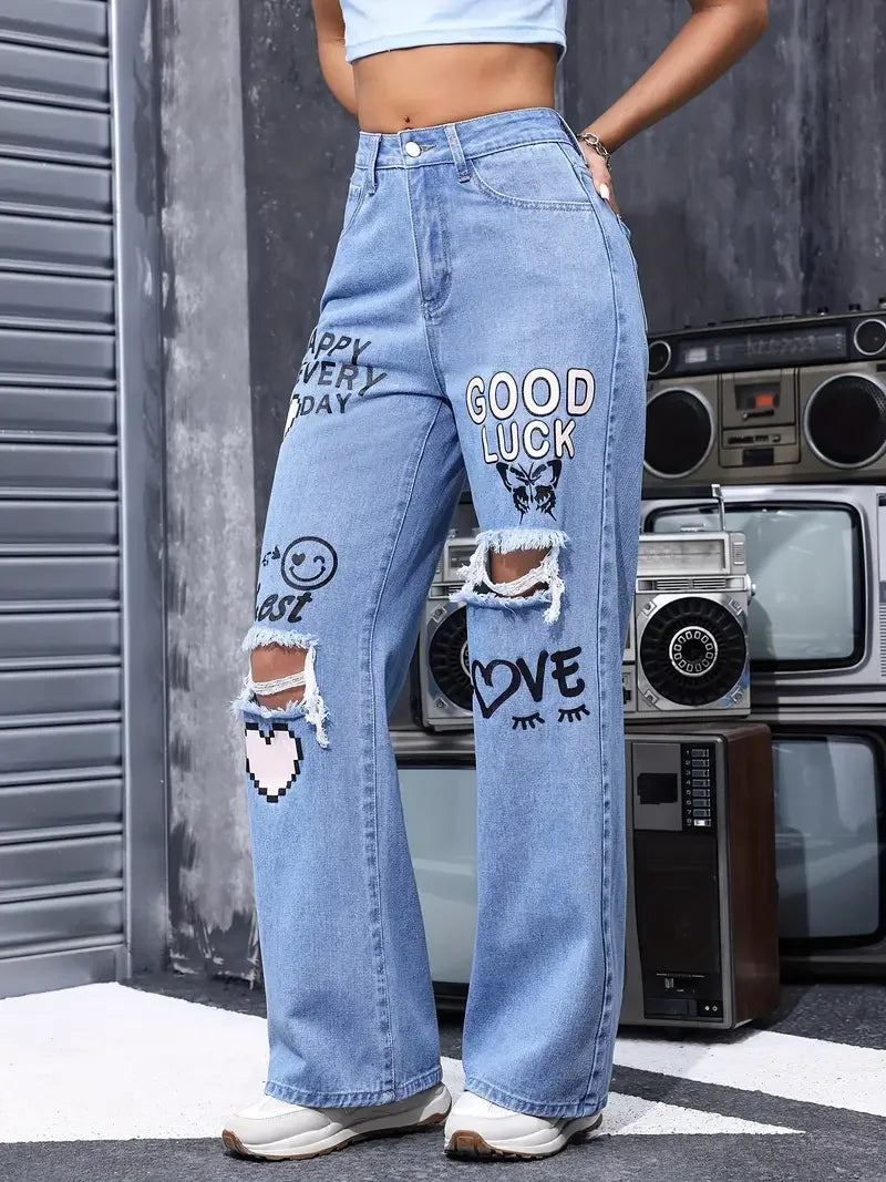 Pantalones vaqueros con estampado de mariposa y botones de cintura alta para mujer, Pantalón recto informal a la moda para mujer, Vaqueros rasgados elegantes para primavera y verano