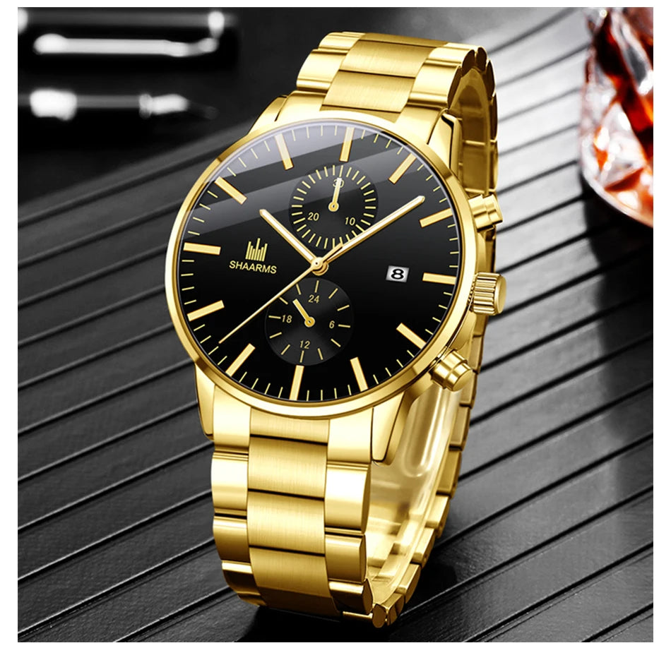 Reloj de cuarzo de negocios para hombre, cronógrafo con correa de acero inoxidable, tres ojos falsos, seis Pines, calendario