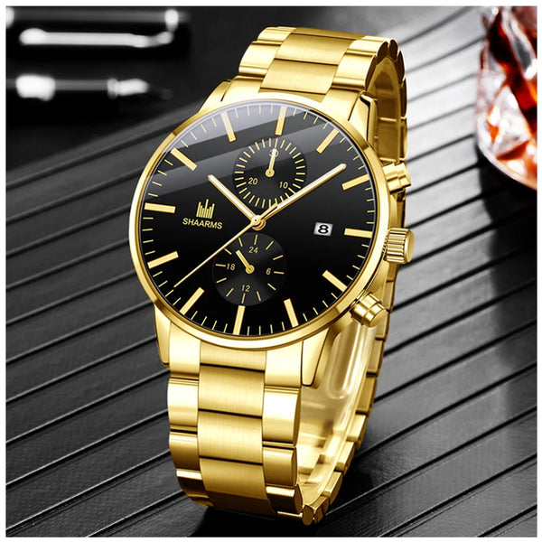 Reloj de cuarzo de negocios para hombre, cronógrafo con correa de acero inoxidable, tres ojos falsos, seis Pines, calendario