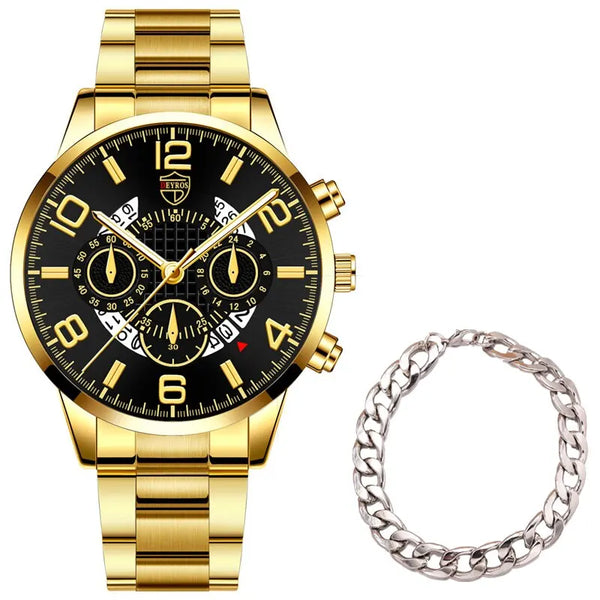 Conjunto de relojes de pulsera para hombre, 2 uds., deportivo de lujo, de cuarzo, de acero inoxidable y plateado, informal, de negocios