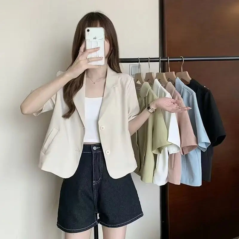 Chaqueta de traje de manga corta para mujer, Tops informales finos de nicho francés de verano 2025