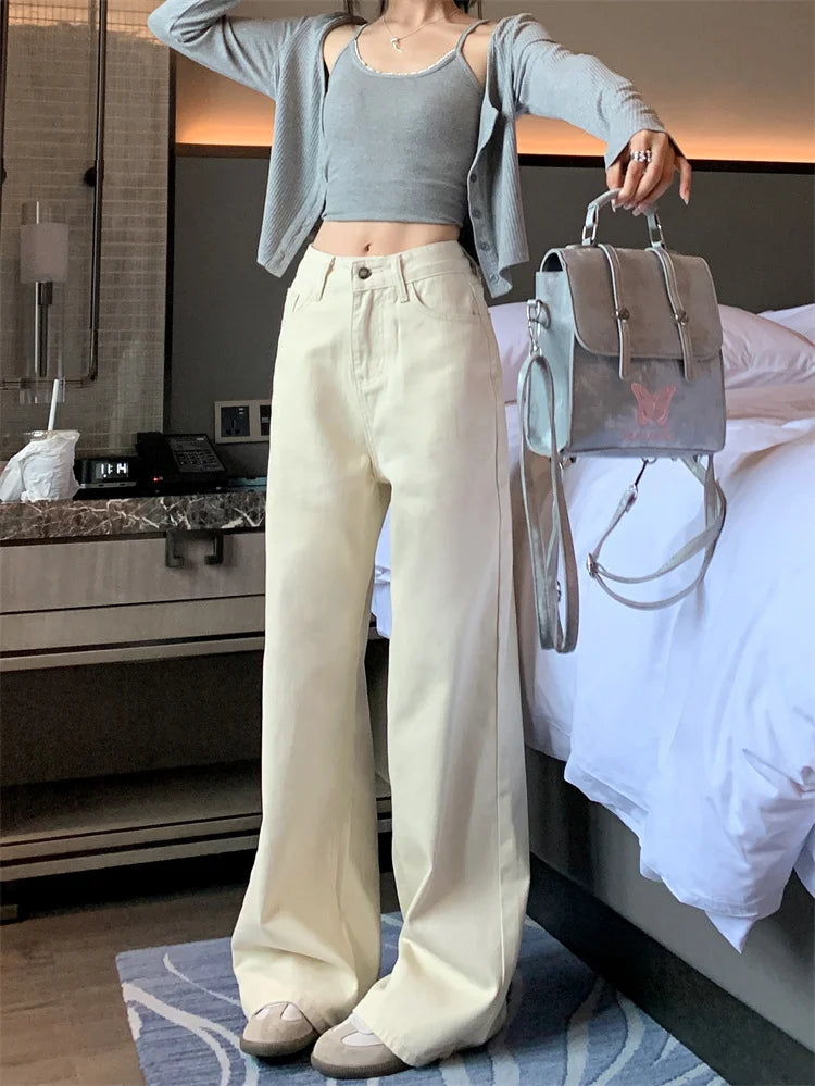 Jeans de verano para mujer - Pantalones vaqueros de pierna ancha color crema |