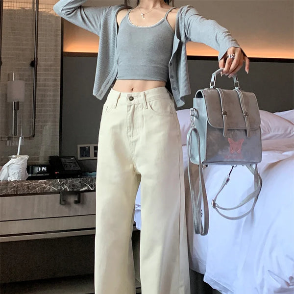 Jeans de verano para mujer - Pantalones vaqueros de pierna ancha color crema |