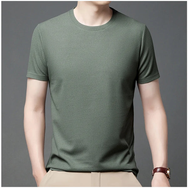 Nueva camiseta de manga corta con cuello redondo y gofres de verano para hombre, Top de manga corta