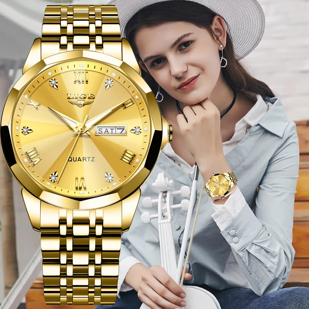 Reloj de pulsera LIGE de cuarzo a la moda, reloj resistente al agua de lujo de marca elegante