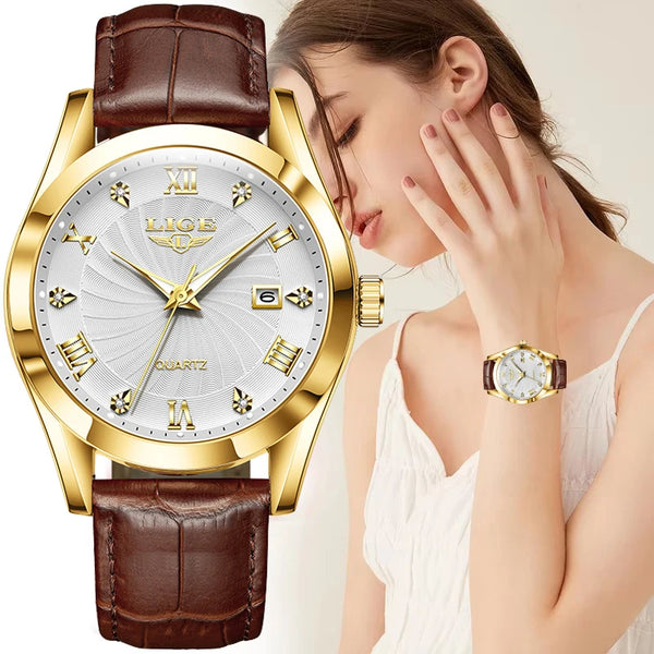 Reloj LIGE para Mujer, reloj de cuero de moda resistentes al agua para Mujer, Reloj de pulsera de lujo de marca