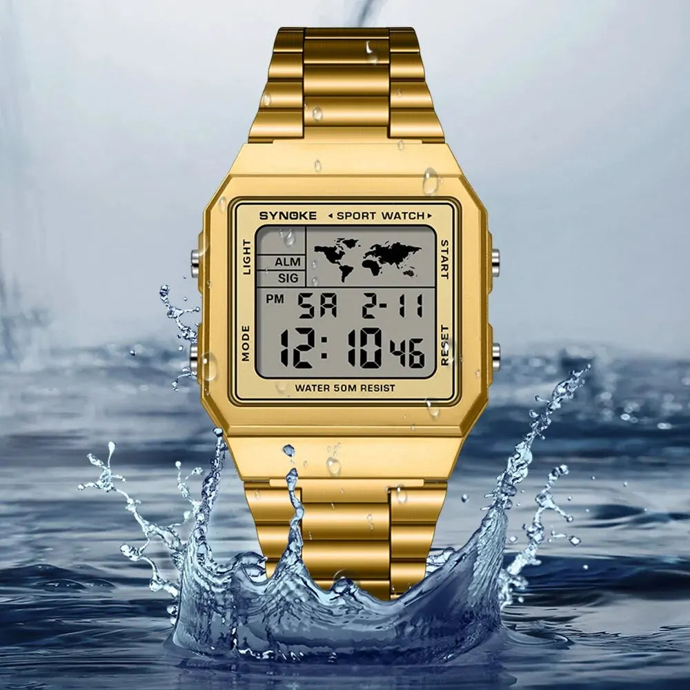 Reloj de acero inoxidable para hombre, cronógrafo de pulsera Digital con pantalla de luz trasera, resistente al agua, 5bar