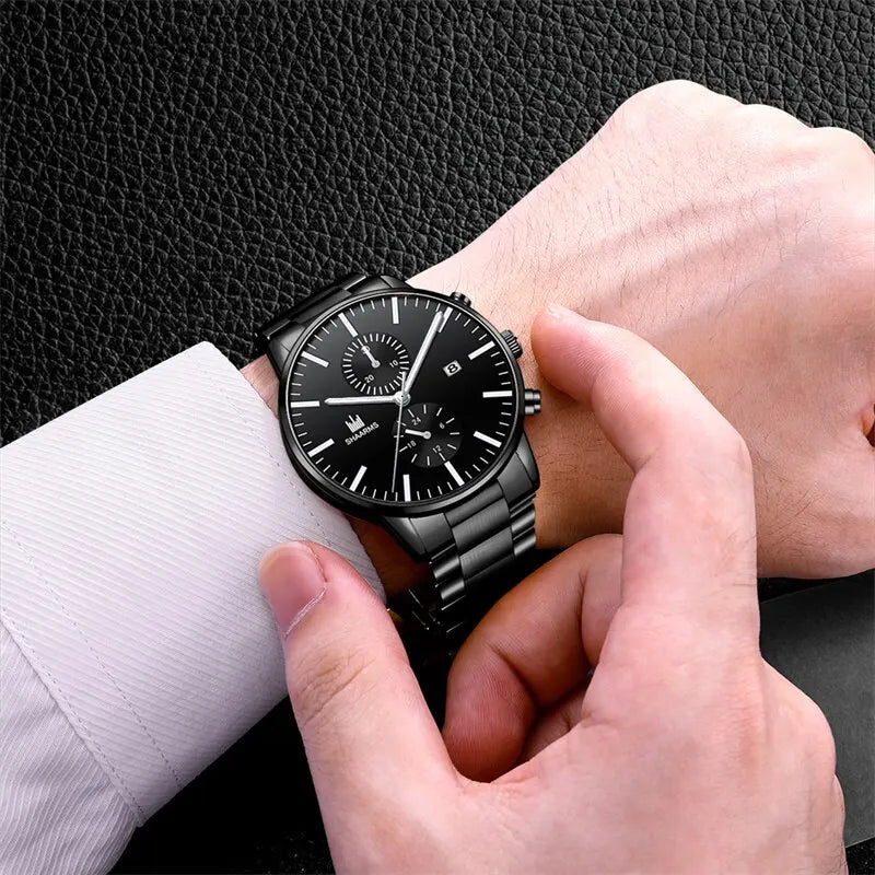 Reloj de cuarzo de negocios para hombre, cronógrafo con correa de acero inoxidable, tres ojos falsos, seis Pines, calendario