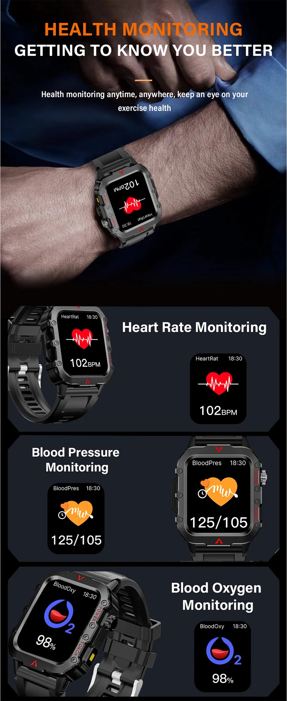 reloj inteligente militar para hombres al aire libre Bluetooth Talk deportes Monitor de ritmo cardíaco reloj inteligente Android IOS
