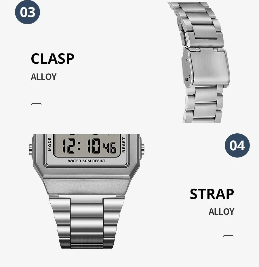 Reloj de acero inoxidable para hombre, cronógrafo de pulsera Digital con pantalla de luz trasera, resistente al agua, 5bar