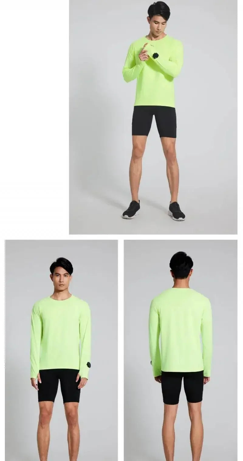 Camiseta para correr maratón para hombre, camiseta de manga larga Anti-UV de secado rápido para entrenamiento, traje de entrenamiento físico con agujero para el pulgar, puño antiestático