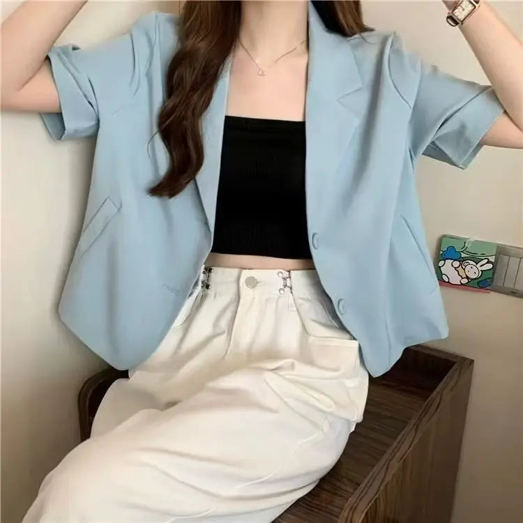 Chaqueta de traje de manga corta para mujer, Tops informales finos de nicho francés de verano 2025