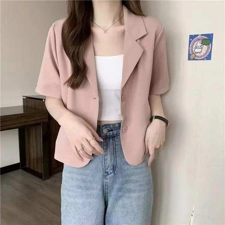 Chaqueta de traje de manga corta para mujer, Tops informales finos de nicho francés de verano 2025