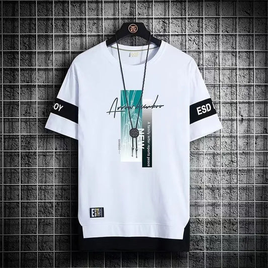Camiseta de manga corta para hombre, camiseta informal versátil de media manga, top de tendencia con bloqueo de color, gran oferta de verano