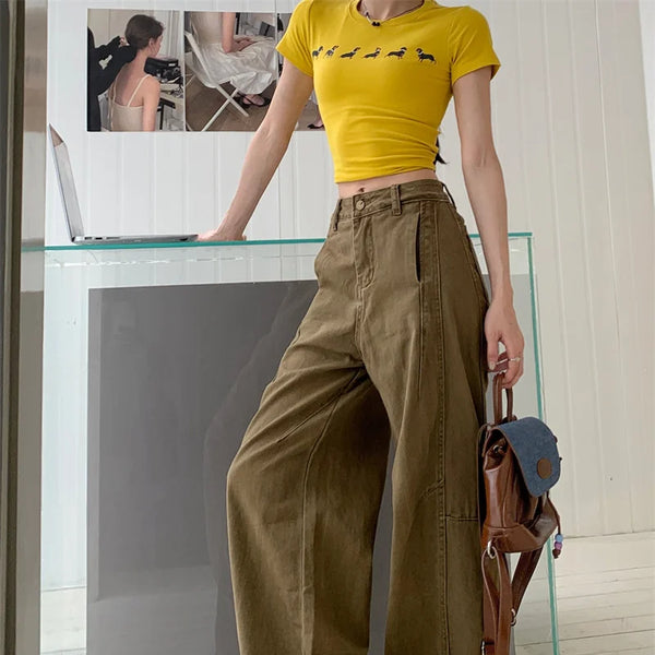 Pantalon vaquero de verano para mujer, pantalones vaqueros de color caqui de gran tamaño, pantalones drapeados de pierna ancha y cintura alta, estilo callejero americano