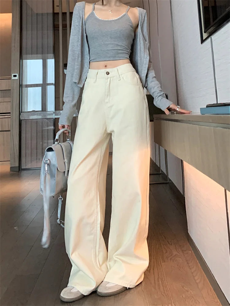 Jeans de verano para mujer - Pantalones vaqueros de pierna ancha color crema |