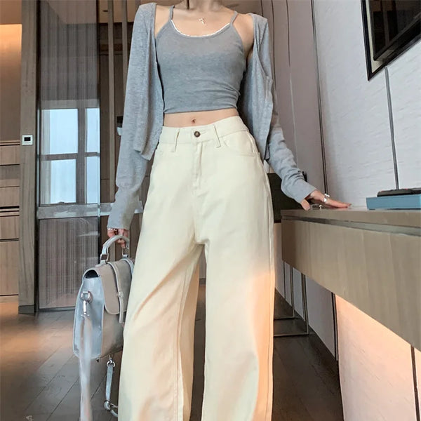 Jeans de verano para mujer - Pantalones vaqueros de pierna ancha color crema |